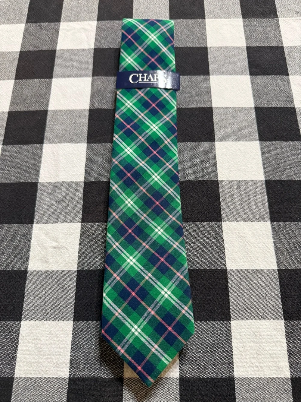Chaps Green Plaid Tie with Navy and Pink Stripes